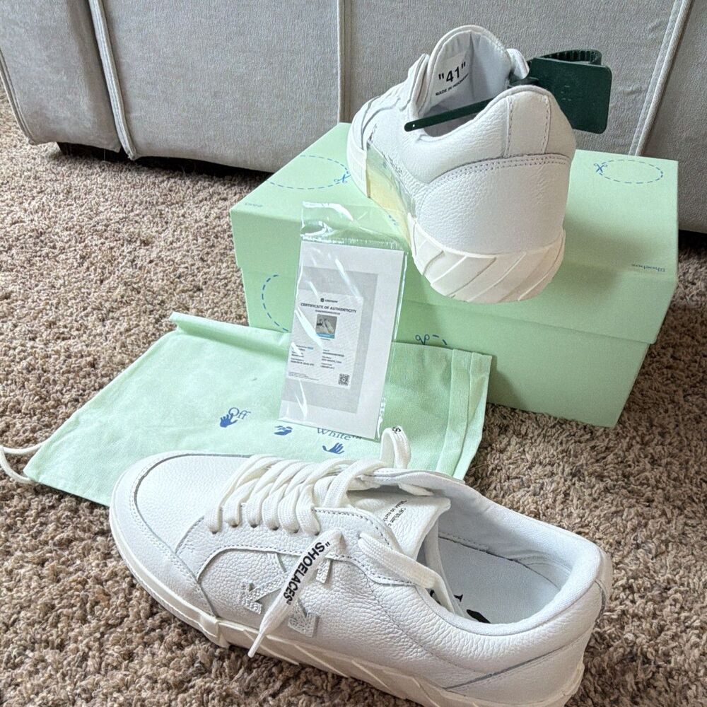 ⁠NIB Off-White Low Vulcanized White Leather Sneakers EU 41 US 8 Entrupy Cert - Picture 7 of 7